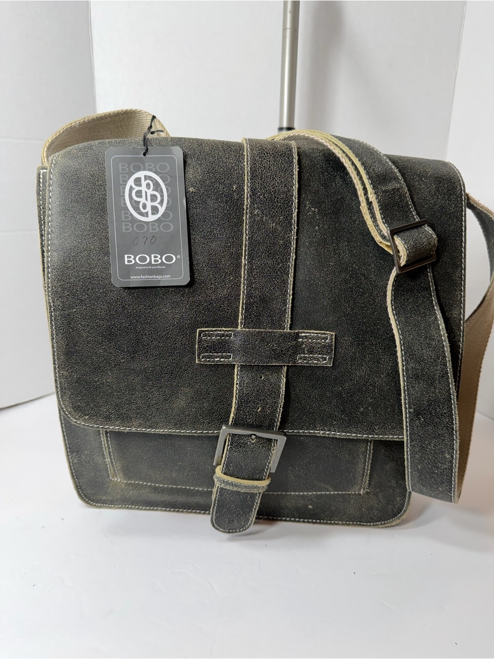 NWT BOBO Distressed wash gray Leather Messenger Bag